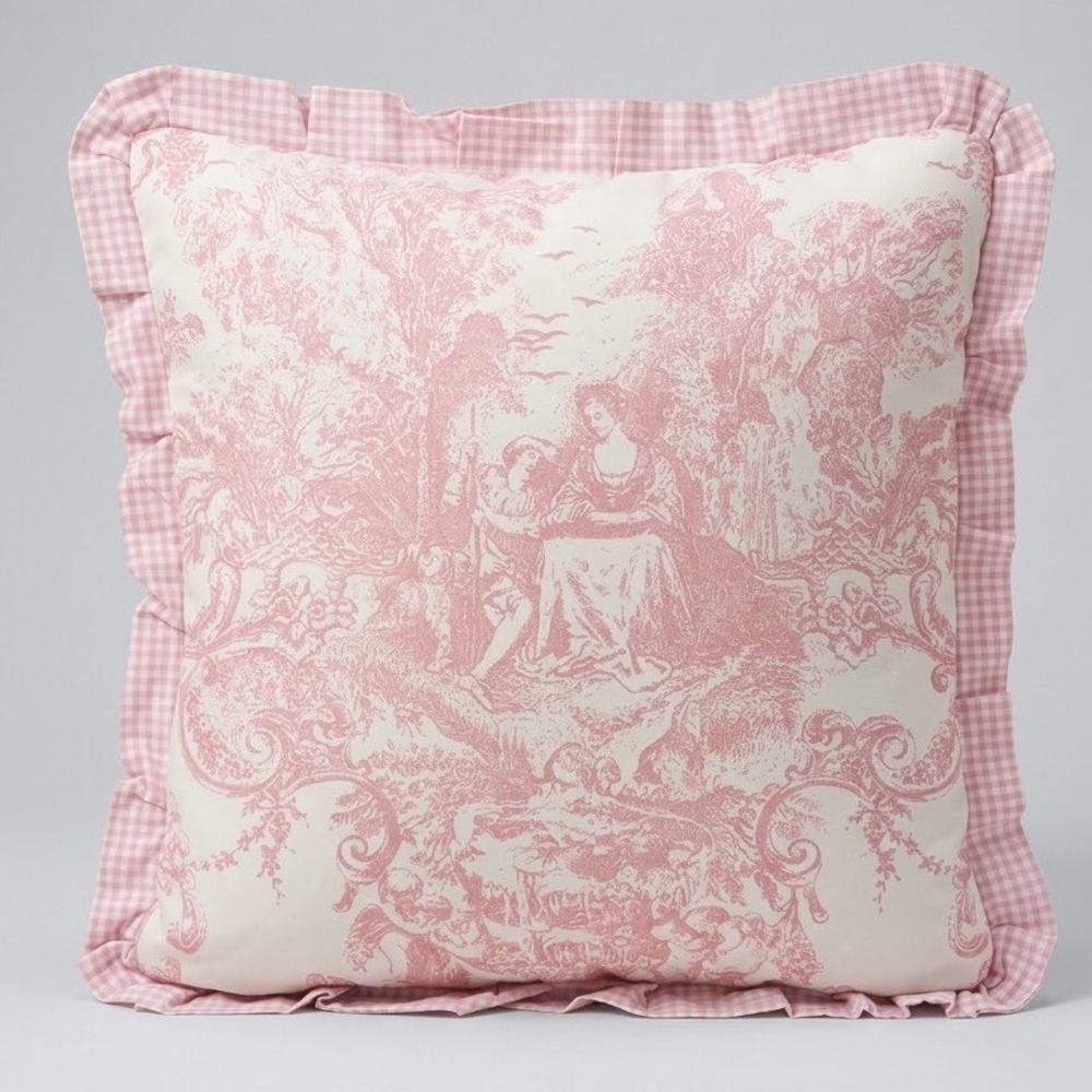 Pillow Cover Home 16x16 Pink Toile Gingham Ruffle Cottagecore Decor Nursery
